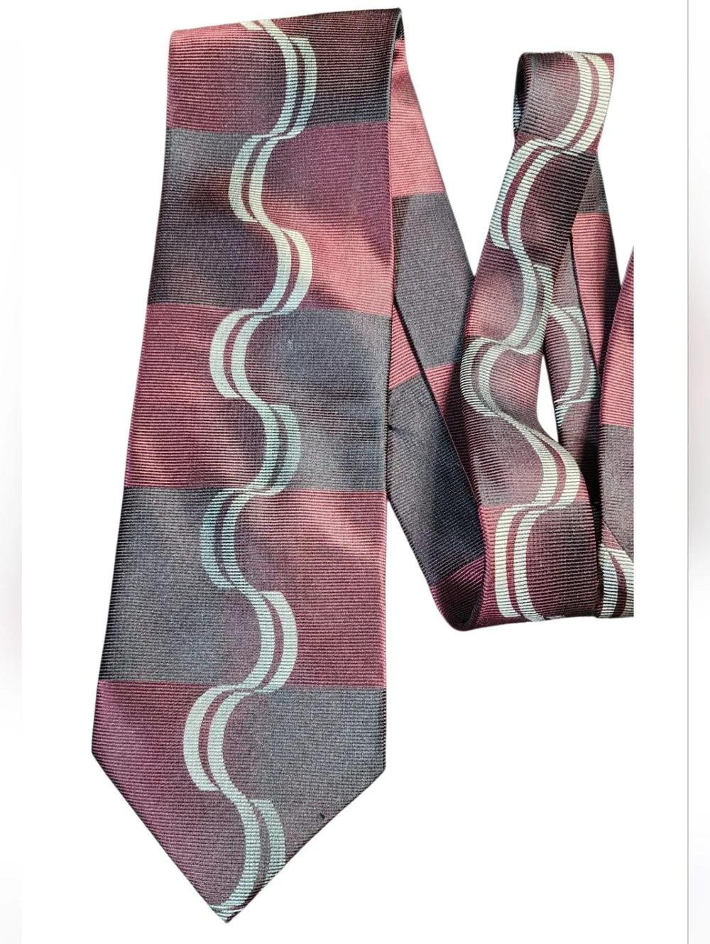 VINTAGE BILL BLASS Silk Tie Burgundy Gray Wave Pattern Classic Designer Necktie